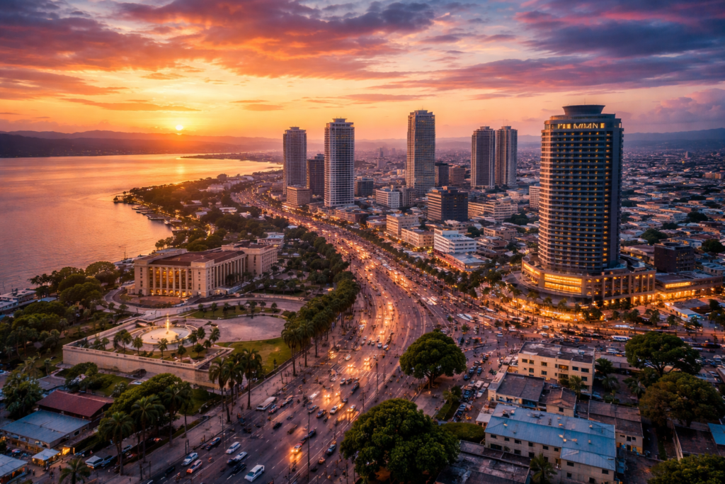 ACCUEIL sunset over kinshasa cityscape